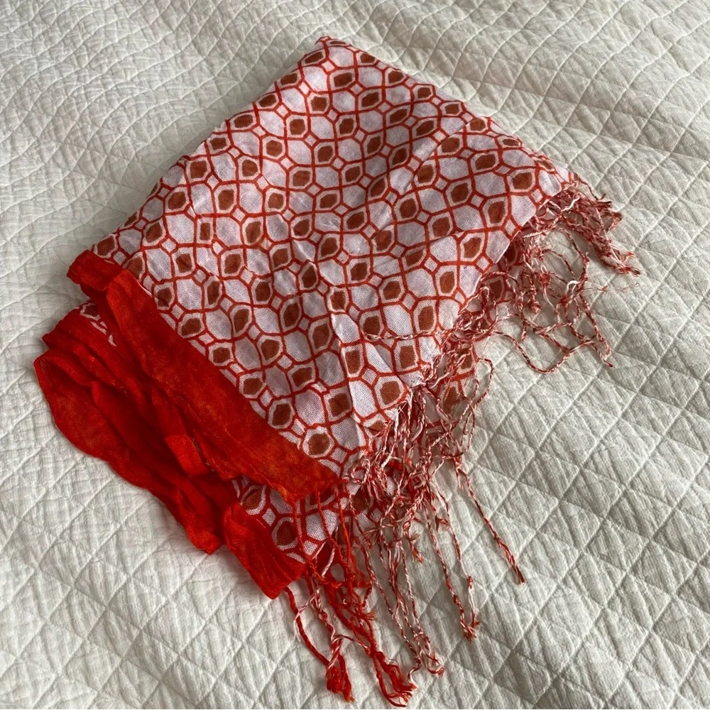 Boho Fringe Scarf Orange White Brown Geometric Rectangular Gauzy Patterned